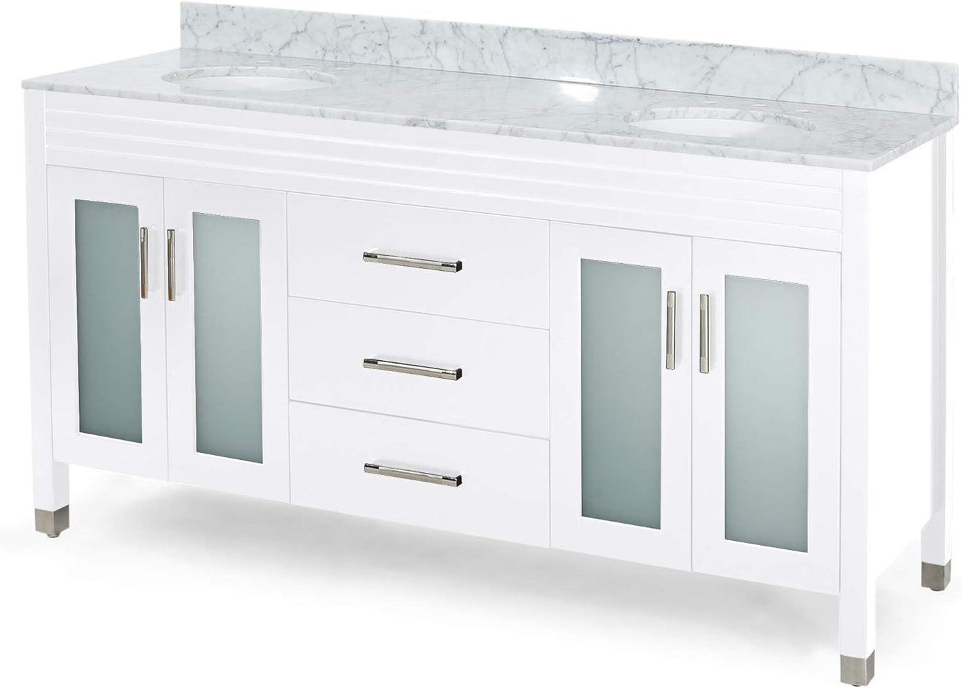 73'' Bathroom Vanity with Marble Top & Double Ceramic Sinks, 4 Doors with Glass, 3 Drawers, White