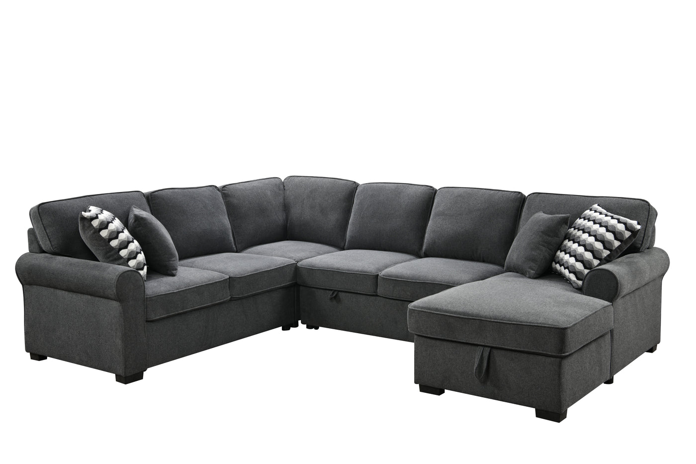 117" Oversized Sectional Sofa with Storage Chaise, Rolled Arms U Shaped Sectional Couch ,Removable Soft Backrest Cushions, with 4 Throw Pillows for Large Space Dorm Apartment,Dark Gray