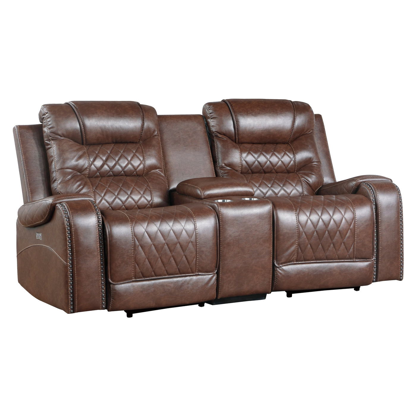 Luxurious Living Room Furniture 2pc Power Reclining Sofa Set Brown Breathable Faux Leather Upholstery Center Drop-Down Cup Holders, Power Outlets, USB Ports, Diamond Pattern Stitching