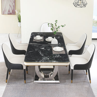 Luxury Modern Dining Table 78.7inch Black Dining Table with 8 chairs  Faux Marble Dining Table Top with  Dual Circle Base (Dining Table Only)