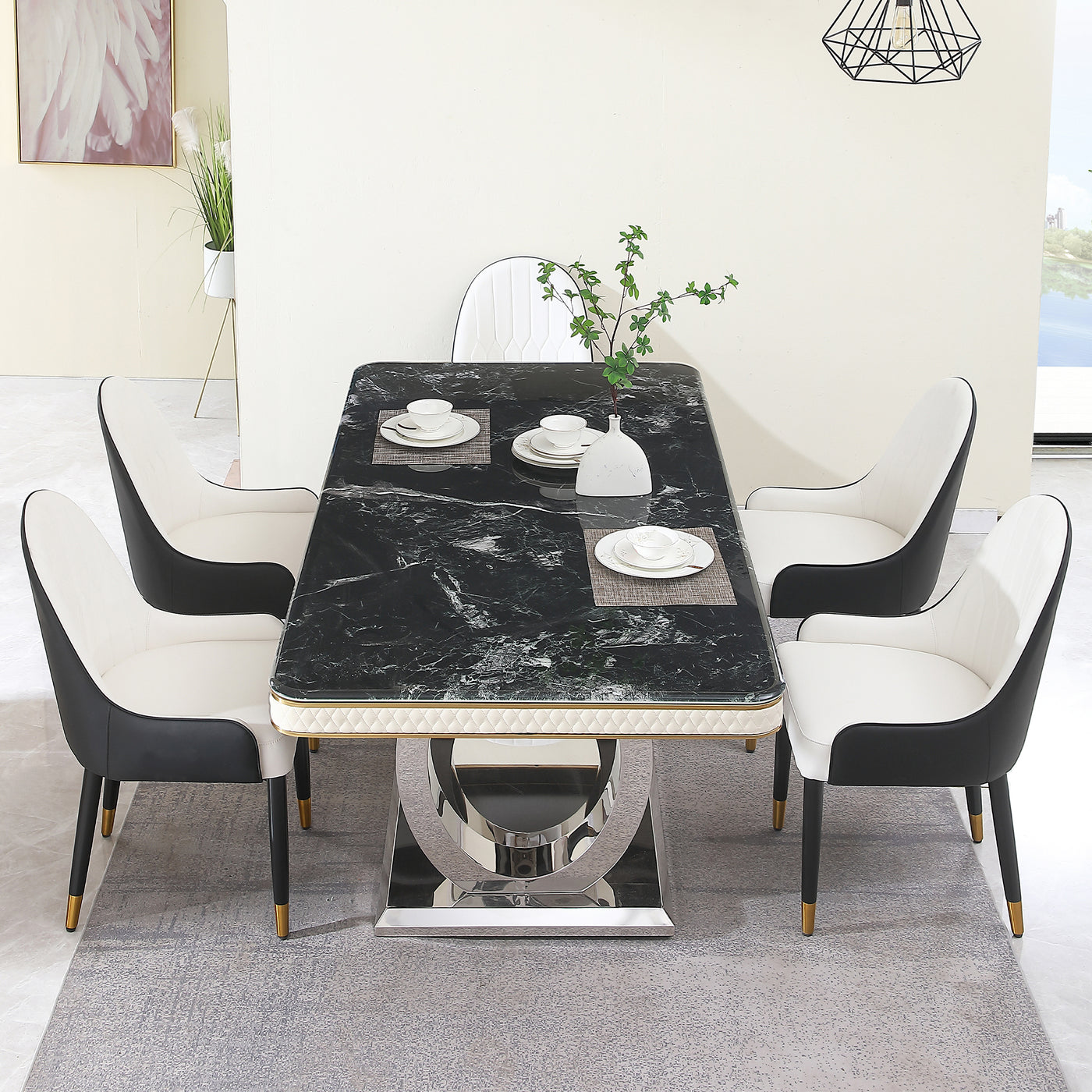 Luxury Modern Dining Table 78.7inch Black Dining Table with 8 chairs  Faux Marble Dining Table Top with Titanium-Plated Dual Circle Base with 8pcs Chairs  .