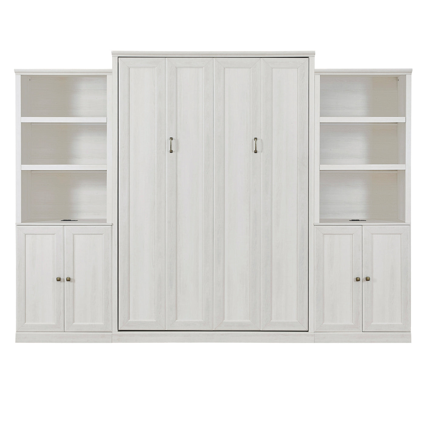 Queen Size Half Self-Close and Open Murphy Bed with 2 Side Cabinet Storage Shelf, Cabinet Space-Saving Bed Perfect for Guest Room, Bed Room, Guest Room, Home Office, Rustic White