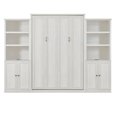 Queen Size Half Self-Close and Open Murphy Bed with 2 Side Cabinet Storage Shelf, Cabinet Space-Saving Bed Perfect for Guest Room, Bed Room, Guest Room, Home Office, Rustic White