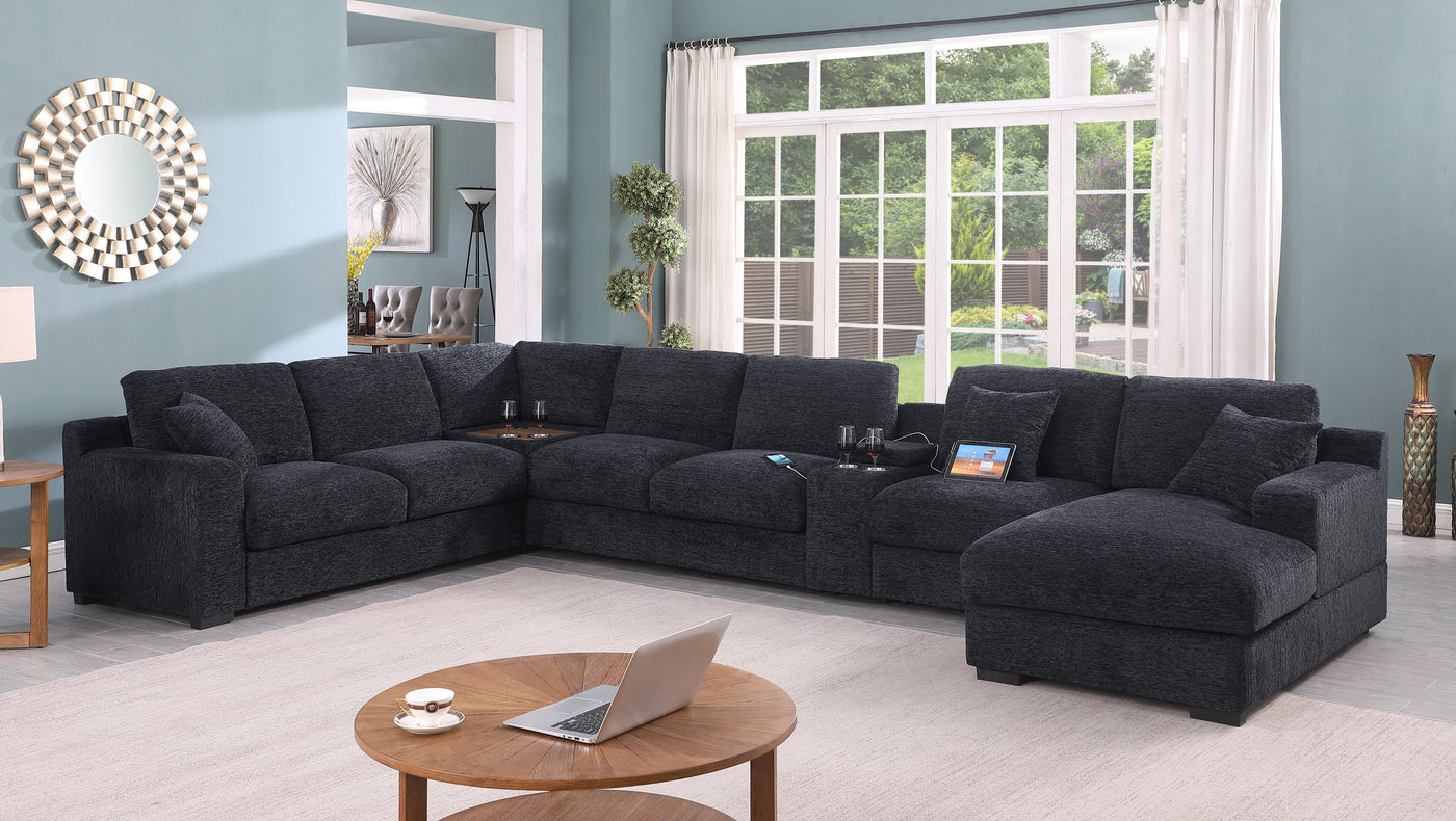 Celine 141.5" Dark Gray Chenille Fabric Corner Sectional Sofa with Right-Facing Chaise, Cupholders, and Charging Ports