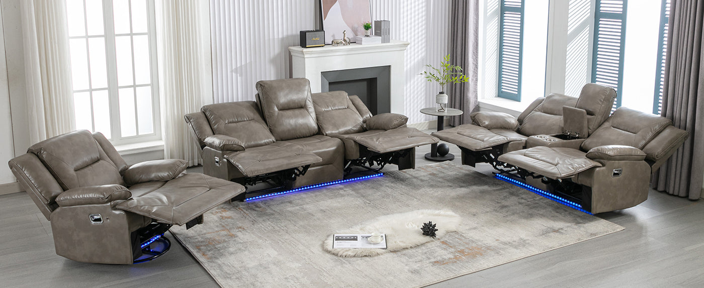 Home Theater Recliner Set Manual Recliner Chair with a LED Light Strip Two Built-in Cup Holders for Living Room,Bedroom, Grey