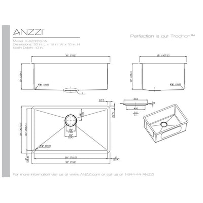 ANZZI Vanguard Undermount Stainless Steel 30 in. 0-Hole Single Bowl Kitchen Sink in Brushed Satin K-AZ3018-1A