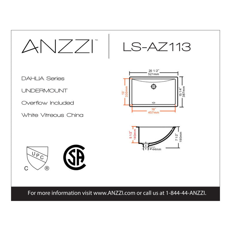 ANZZI Dahlia Series 20.5 in. Ceramic Undermount Sink Basin in White LS-AZ113