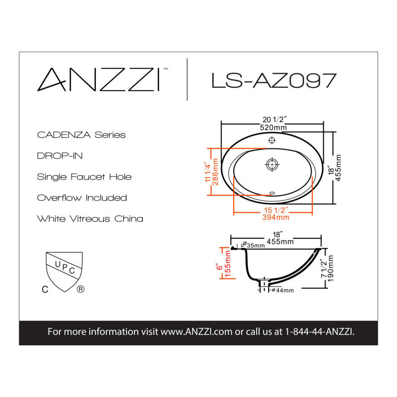 ANZZI Cadenza Series 20.5 in. Ceramic Drop In Sink Basin in White LS-AZ097