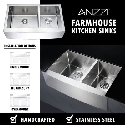 ANZZI Elysian Farmhouse Stainless Steel 33 in. 0-Hole 60/40 Double Bowl Kitchen Sink in Brushed Satin K-AZ3320-4A