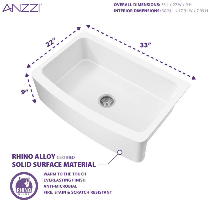 ANZZI Mesa Series Farmhouse Solid Surface 33 in. 0-Hole Single Bowl Kitchen Sink with 1 Strainer K-AZ272-A1