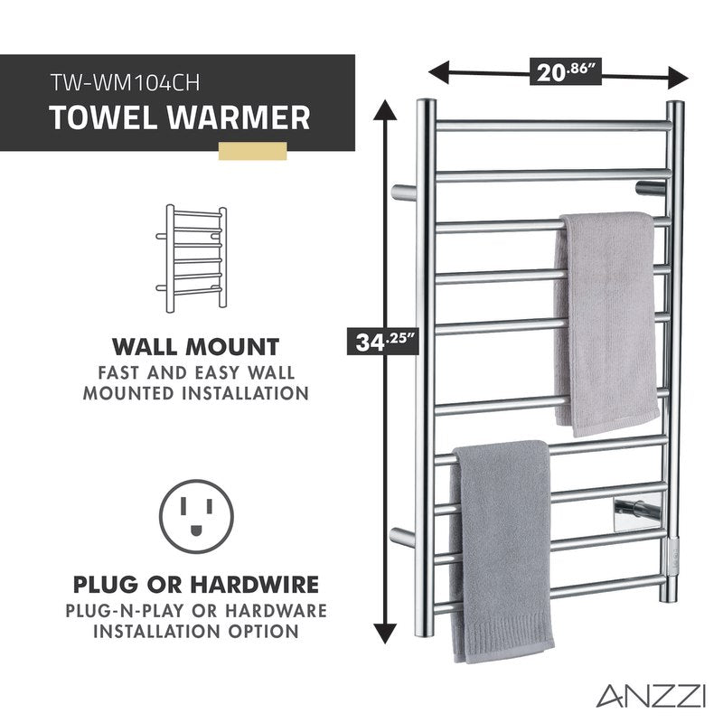 ANZZI Crete 10-Bar Stainless Steel Wall Mounted Towel Warmer Rack TW-WM104CH