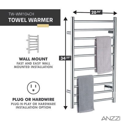 ANZZI Crete 10-Bar Stainless Steel Wall Mounted Towel Warmer Rack TW-WM104CH