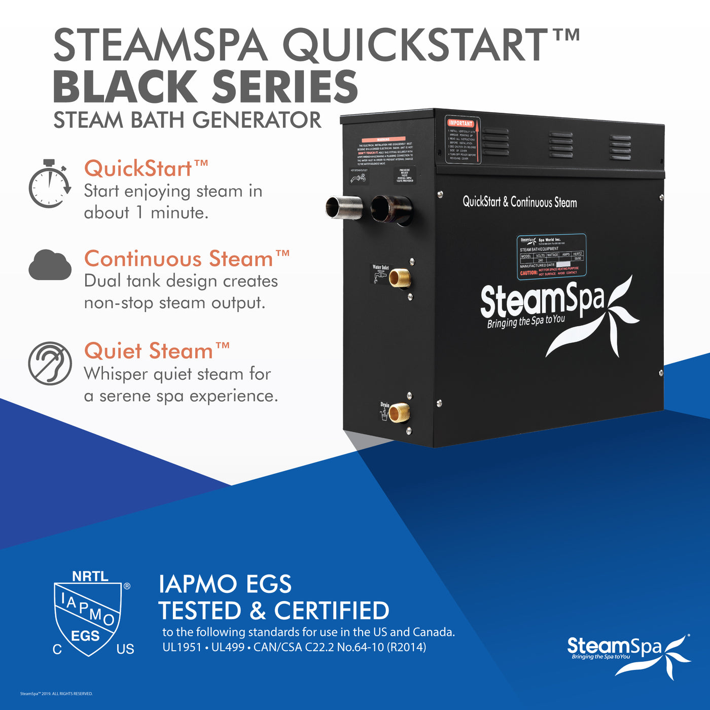 Black Series WiFi and Bluetooth 7.5kW QuickStart Steam Bath Generator Package with Dual Aroma Pump in Matte Black BKT750MK-ADP