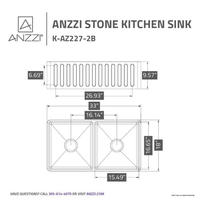 ANZZI Roine Farmhouse Reversible Apron Front Solid Surface 33 in. 50/50 Basin Kitchen Sink K-AZ227-2B