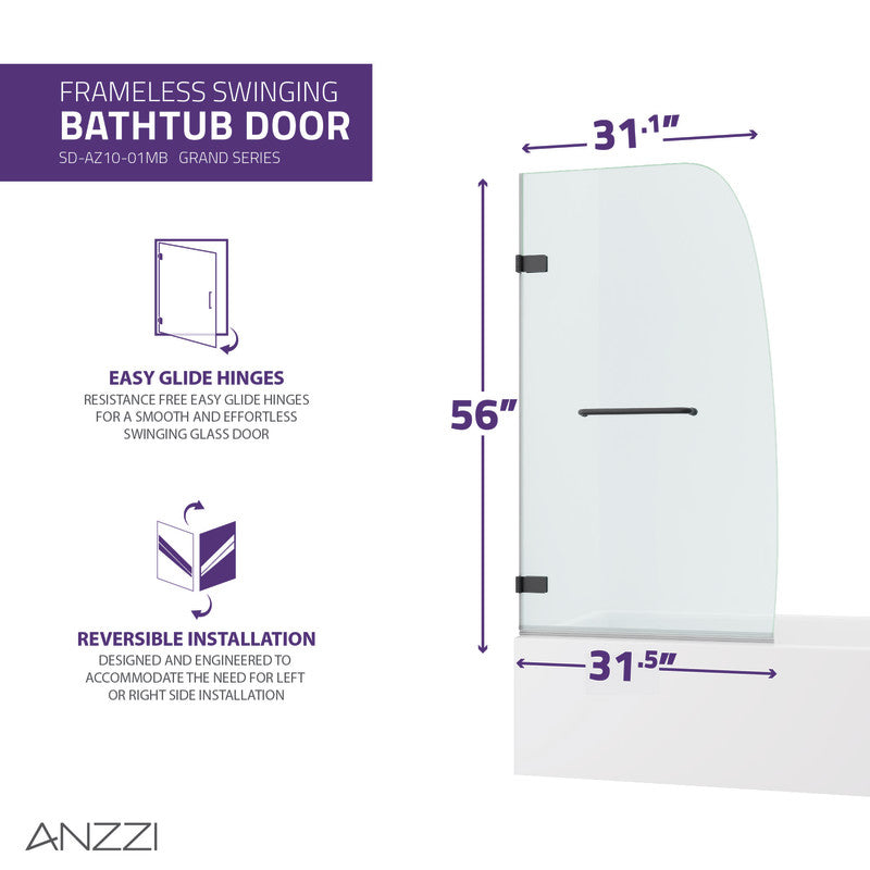 ANZZI Grand Series 31.5 in. by 56 in. Frameless Hinged Tub Door SD-AZ10-01MB