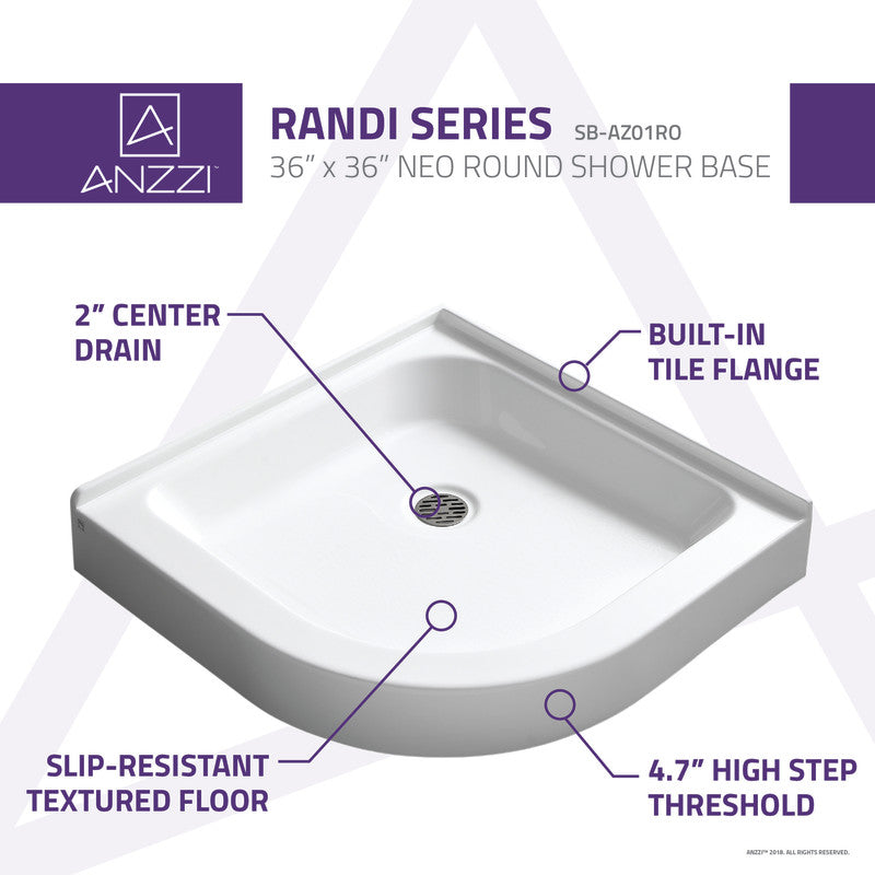 ANZZI Randi 36 x 36  in. Neo-Round Double Threshold Shower Base in White SB-AZ01RO