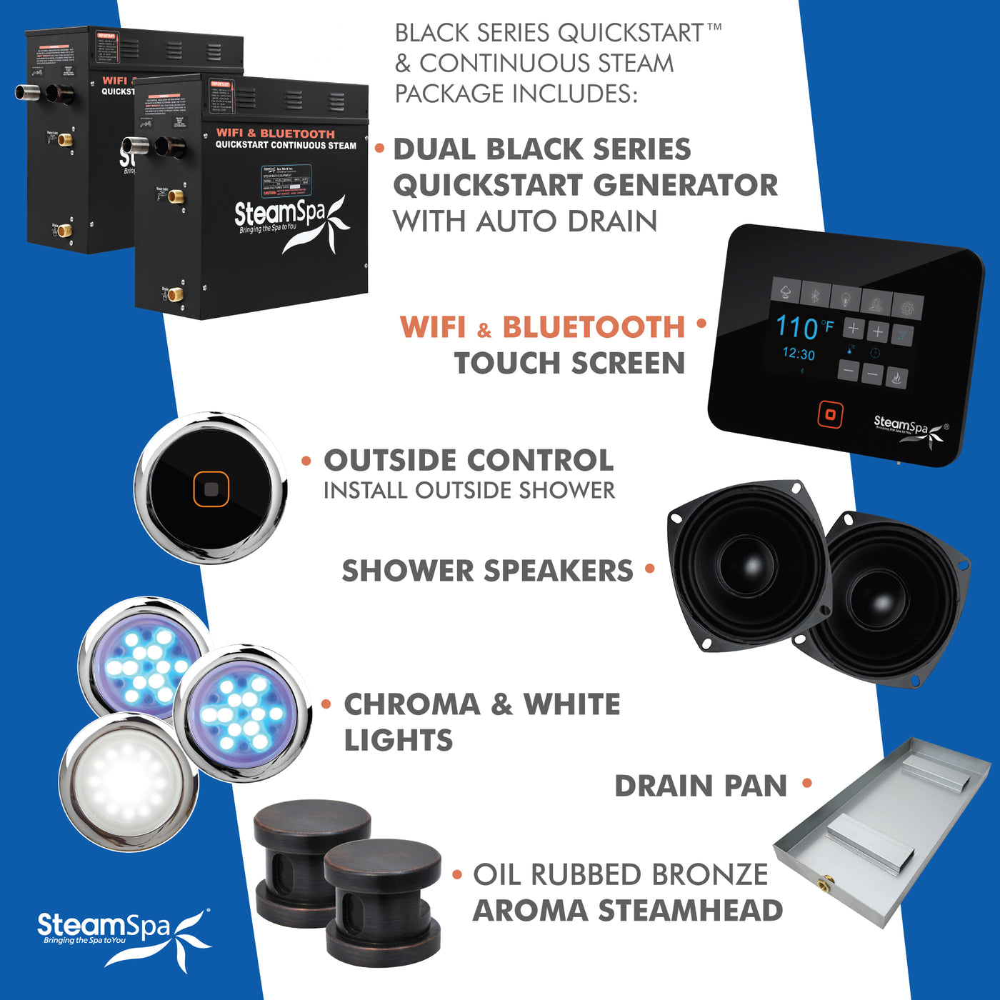 Black Series WiFi and Bluetooth 2 x 9kW QuickStart Steam Bath Generator Package w/ Dual Aroma Pump in Oil Rubbed Bronze BKT1800ORB-ADP