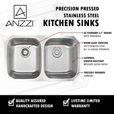 ANZZI Moore Undermount Stainless Steel 32 in. 0-Hole 50/50 Double Bowl Kitchen Sink in Brushed Satin K-AZ3218-2B