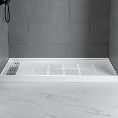 WOODBRIDGE Solid Surface 60" W x 96" H Tile Tub and Shower Wall Panel Surround, Quick Install, Cuttable, Stacked Block in a Staggered Vertical Pattern. Matte Gray Finish