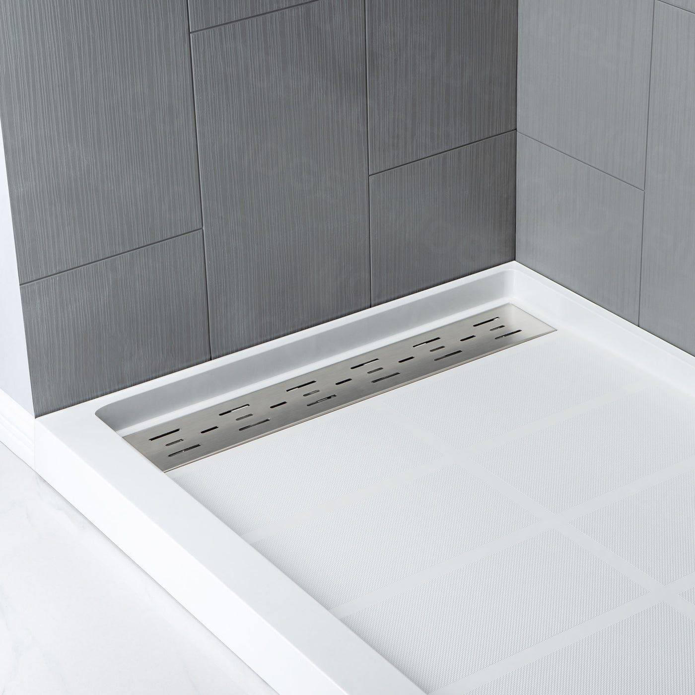 WOODBRIDGE Solid Surface 60" W x 96" H Tile Tub and Shower Wall Panel Surround, Quick Install, Cuttable, Stacked Block in a Staggered Vertical Pattern. Matte Gray Finish