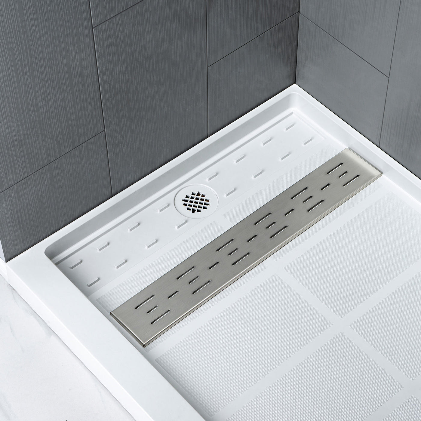 WOODBRIDGE Solid Surface 60" W x 96" H Tile Tub and Shower Wall Panel Surround, Quick Install, Cuttable, Stacked Block in a Staggered Vertical Pattern. Matte Gray Finish