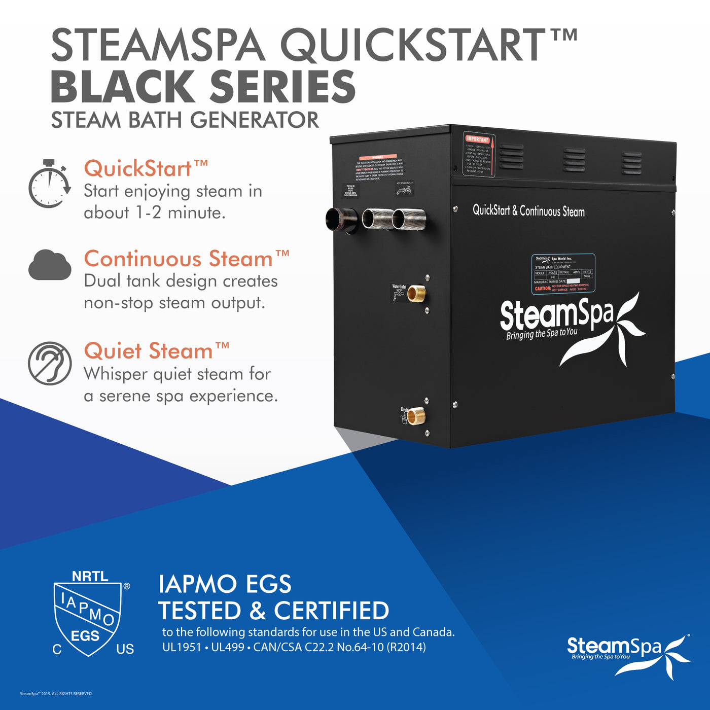Black Series WiFi and Bluetooth 10.5kW QuickStart Steam Bath Generator Package with Dual Aroma Pump in Matte Black BKT1050MK-ADP