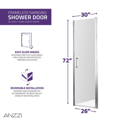 ANZZI Lancer 29 in. x 72 in. Semi-Frameless Shower Door with TSUNAMI GUARD SD-AZ051-02CH