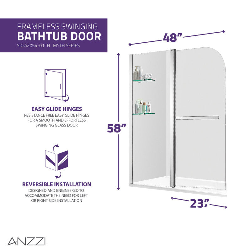 ANZZI Galleon 48 in. x 58 in. Frameless Tub Door with TSUNAMI GUARD SD-AZ054-01CH