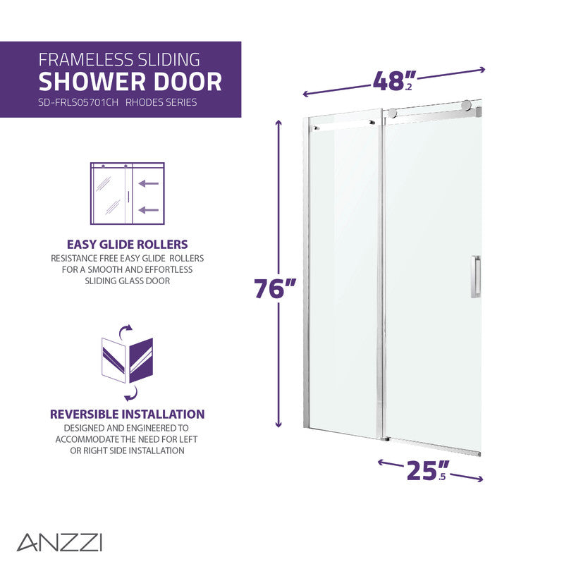 ANZZI Rhodes Series 48 in. x 76 in. Frameless Sliding Shower Door with Handle SD-FRLS05701BN