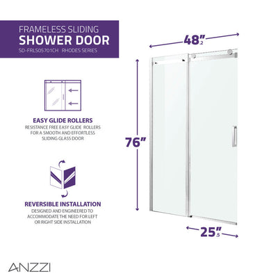 ANZZI Rhodes Series 48 in. x 76 in. Frameless Sliding Shower Door with Handle SD-FRLS05701BN