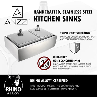 ANZZI Elysian Farmhouse Stainless Steel 36 in. 0-Hole 60/40 Double Bowl Kitchen Sink in Brushed Satin K-AZ3620-3A