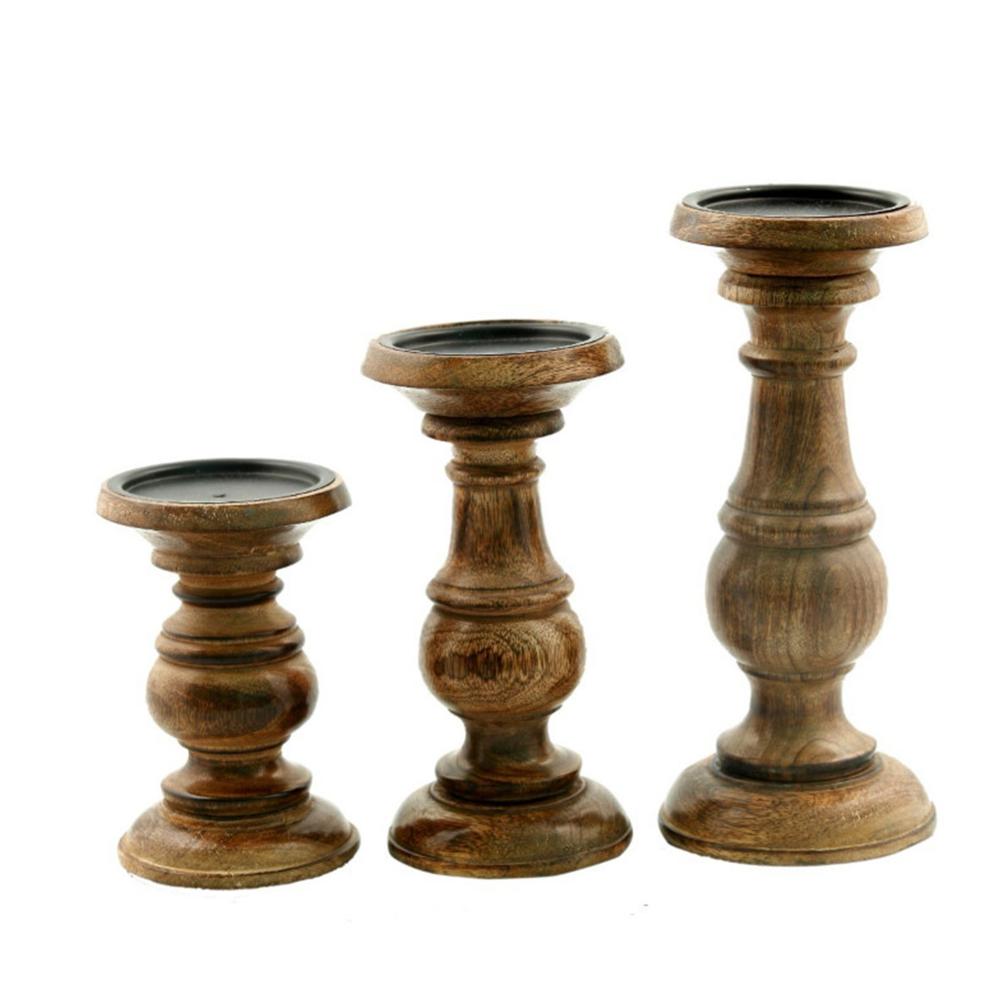 BENZARA Pillar Shaped Wooden Candle Holder, Set of 3, Brown - BM03605