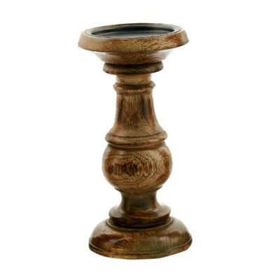 BENZARA Pillar Shaped Wooden Candle Holder, Set of 3, Brown - BM03605