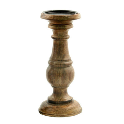 BENZARA Pillar Shaped Wooden Candle Holder, Set of 3, Brown - BM03605