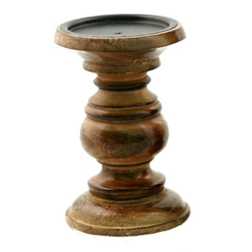 BENZARA Pillar Shaped Wooden Candle Holder, Set of 3, Brown - BM03605