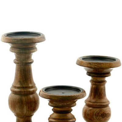 BENZARA Pillar Shaped Wooden Candle Holder, Set of 3, Brown - BM03605