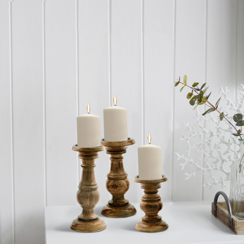 BENZARA Pillar Shaped Wooden Candle Holder, Set of 3, Brown - BM03605