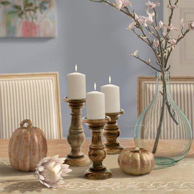 BENZARA Pillar Shaped Wooden Candle Holder, Set of 3, Brown - BM03605