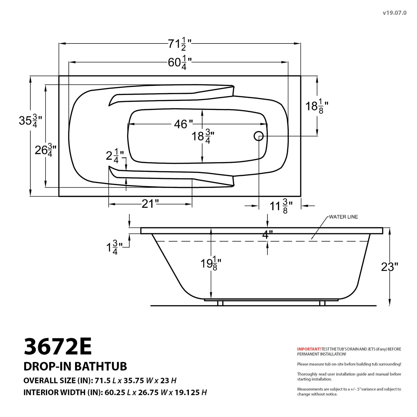 Atlantis Whirlpools Eros 36 x 72 Rectangular Soaking Bathtub 3672ES