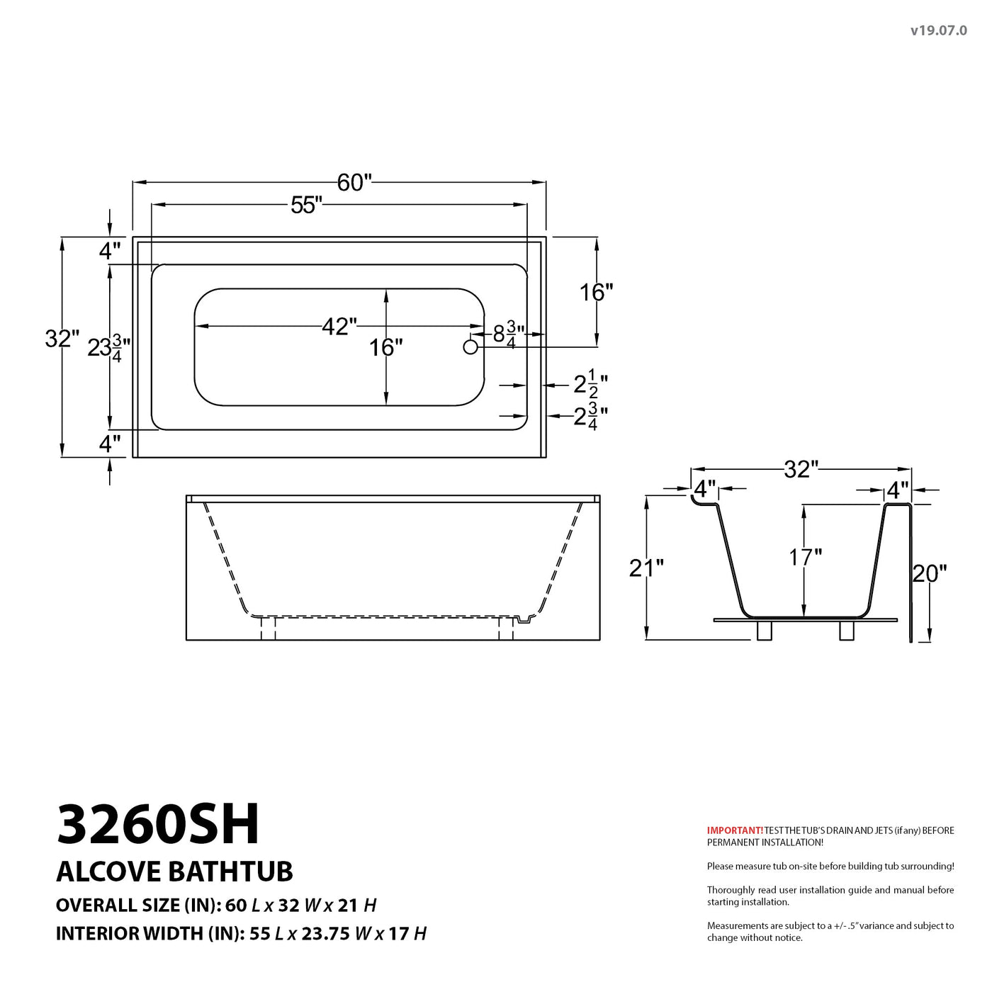 Atlantis Whirlpools Soho 32 x 60 Front Skirted Whirlpool Tub with Left Drain 3260SHWL