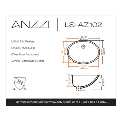 ANZZI Lanmia Series 19.5 in. Ceramic Undermount Sink Basin in White LS-AZ102