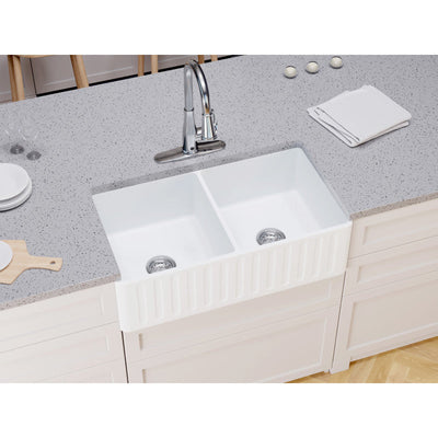 ANZZI Roine Farmhouse Reversible Apron Front Solid Surface 33 in. 50/50 Basin Kitchen Sink K-AZ227-2B