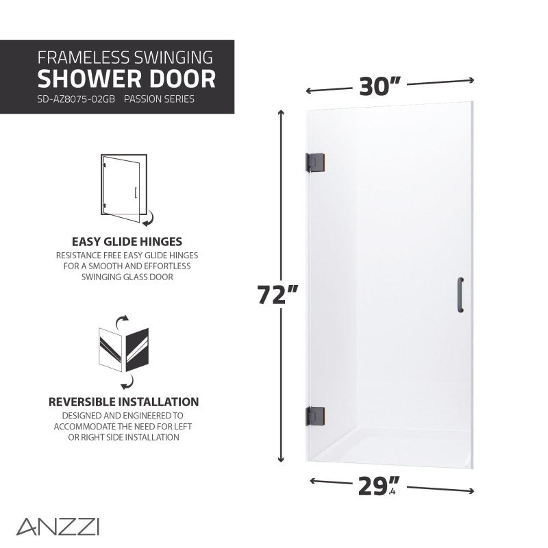 ANZZI Passion Series 30 in. by 72 in. Frameless Hinged Shower Door with Handle SD-AZ8075-02BG