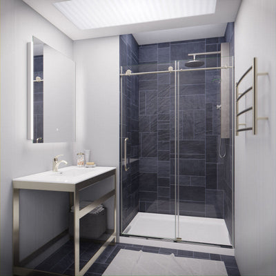 Leon Series 48 in. by 76 in. Frameless Sliding Shower Door in Brushed Nickel with Handle SD-AZ8077-01BN