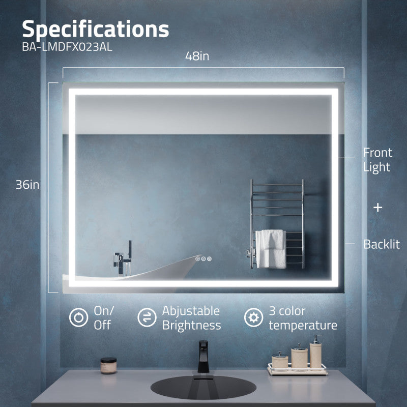 ANZZI 36-in. x 48-in. Frameless LED Front/Back Light Bathroom Mirror w/Defogger BA-LMDFX023AL