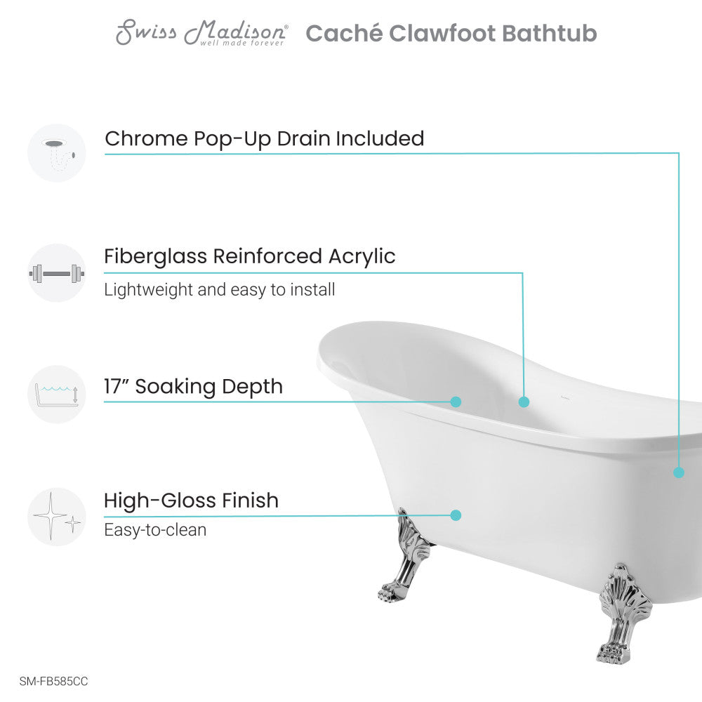 Swiss Madison Cache Single Slipper, Clawfoot Soaking Acrylic Bathtub, Chrome Clawfoot SM-FB585CC