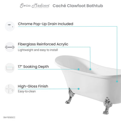 Swiss Madison Cache Single Slipper, Clawfoot Soaking Acrylic Bathtub, Chrome Clawfoot SM-FB585CC