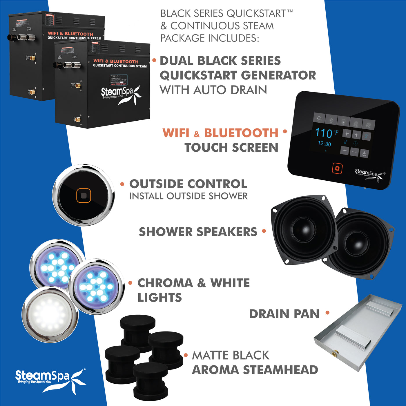 Black Series WiFi and Bluetooth 2 x 10.5kW QuickStart Steam Bath Generator Package with Dual Aroma Pump in Matte Black BKT2100MK-ADP