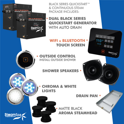 Black Series WiFi and Bluetooth 2 x 12kW QuickStart Steam Bath Generator Package with Dual Aroma Pump in Matte Black BKT2400MK-ADP