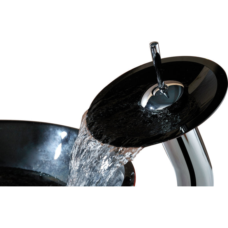 ANZZI Chord Series Deco-Glass Vessel Sink in Lustrous Black and Red with Matching Chrome Waterfall Faucet LS-AZ041